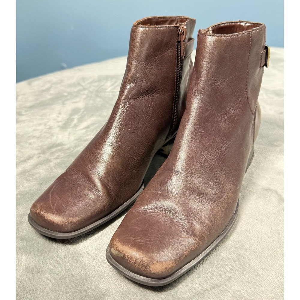 Villager Ankle Boots Womens 6M Brown Leather Zip Block Heel